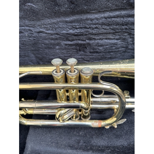 763 - A cased Blessing Scholastic cornet with Blessing 4B mouthpiece