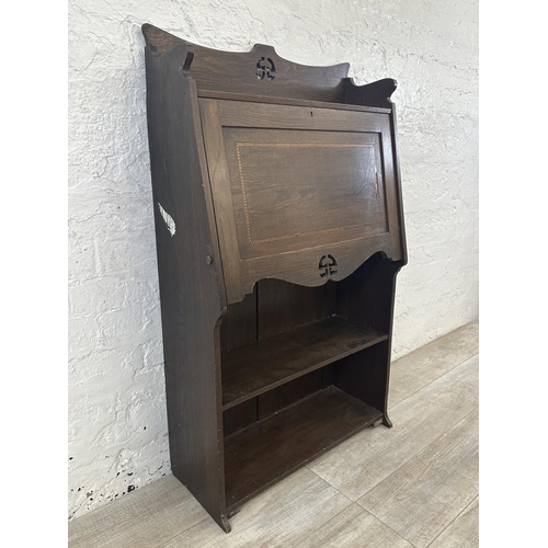 160 - An Arts & Crafts inlaid oak bureau bookcase - approx. 112cm high x 65cm wide x 27cm deep