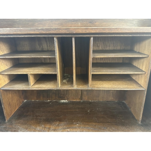 160 - An Arts & Crafts inlaid oak bureau bookcase - approx. 112cm high x 65cm wide x 27cm deep