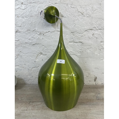 166 - Four Searchlight Electric Ltd green metal pendant light shades - largest approx. 45cm high