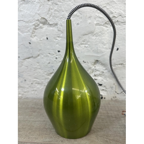 166 - Four Searchlight Electric Ltd green metal pendant light shades - largest approx. 45cm high