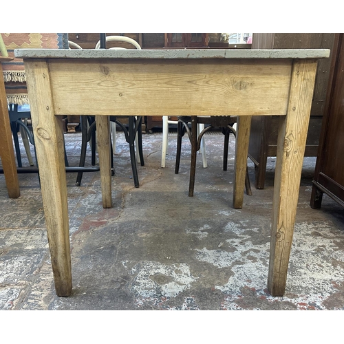 174 - An early 20th century grey painted pine farmhouse kitchen table - approx. 76cm high x 81cm square