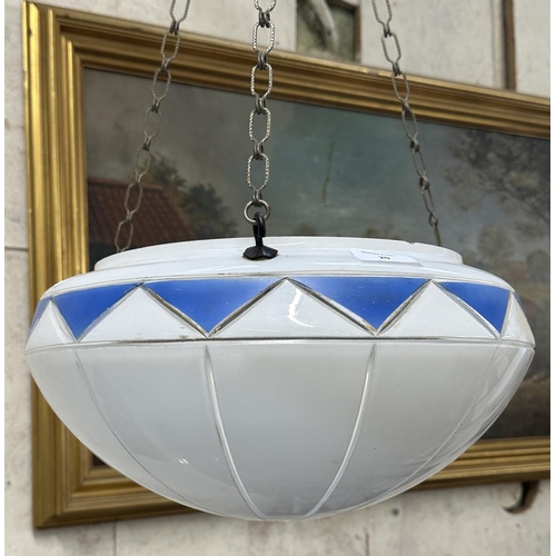 20 - An Art Deco blue painted milk glass flycatcher ceiling light shade - approx. 32cm diameter x 66cm dr... 