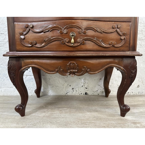 41 - A French Louis XV style carved mahogany bedside chest of drawers - approx. 72cm high x 61cm wide x 3... 