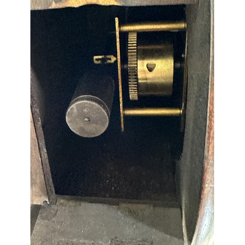 48 - A 19th century oak cased wall clock with pendulum and key - approx. 28cm high x 29cm wide