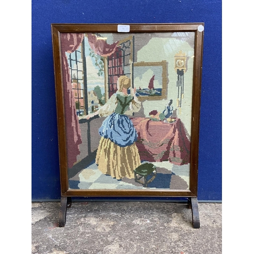 72 - Two items, one early 20th century mahogany framed tapestry fire screen and one mid 20th century wick... 