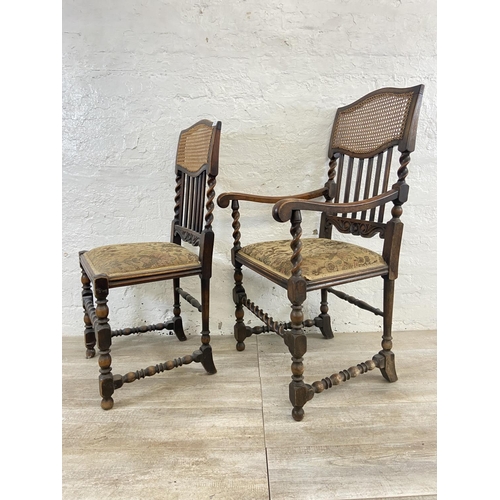 76 - Four early 20th century beech barley twist dining chairs with cane backs and tapestry seats