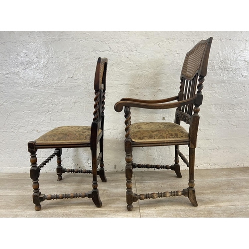 76 - Four early 20th century beech barley twist dining chairs with cane backs and tapestry seats