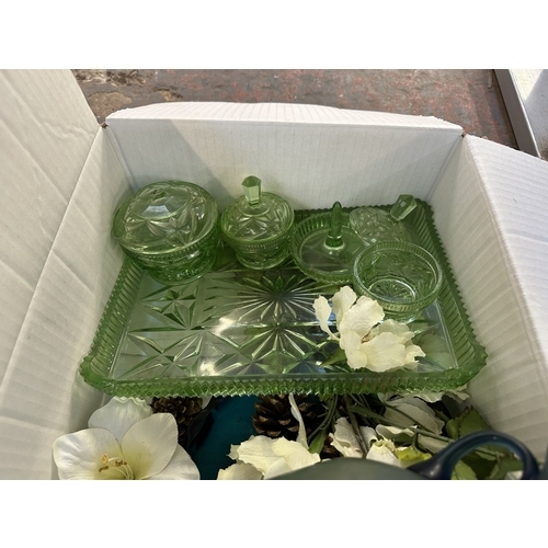 996 - Two boxes containing Royal Hampton Ware ceramics, green depression glass etc.