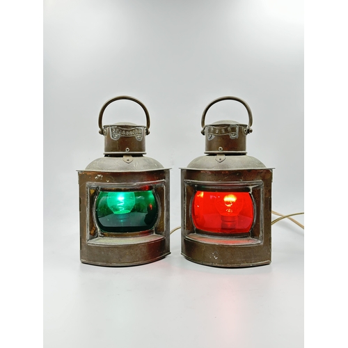 784 - Two mid 20th century copper maritime converted electric ship's lanterns, one port and one starboard ... 