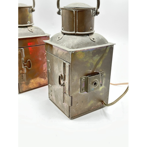 784 - Two mid 20th century copper maritime converted electric ship's lanterns, one port and one starboard ... 