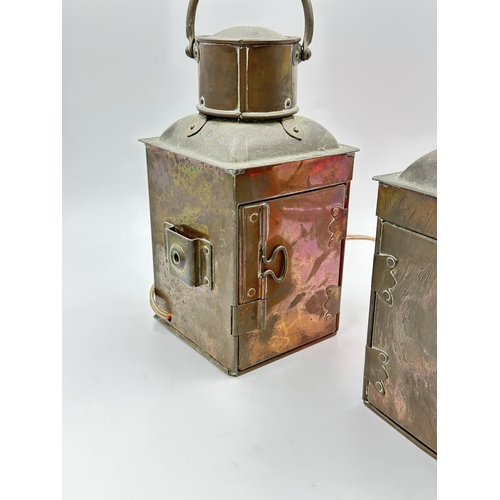 784 - Two mid 20th century copper maritime converted electric ship's lanterns, one port and one starboard ... 