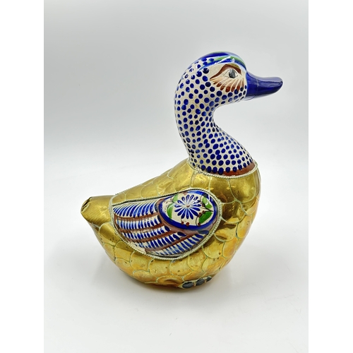 787 - A Mexican folk art Tonala pottery and brass duck - approx. 26cm high