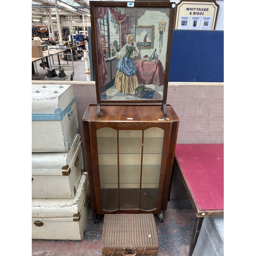 356 - Three items, one walnut display cabinet, one mahogany framed tapestry fire screen and one wicker pic... 