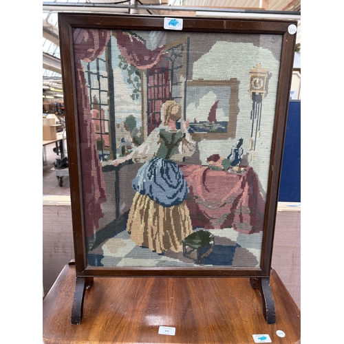 356 - Three items, one walnut display cabinet, one mahogany framed tapestry fire screen and one wicker pic... 