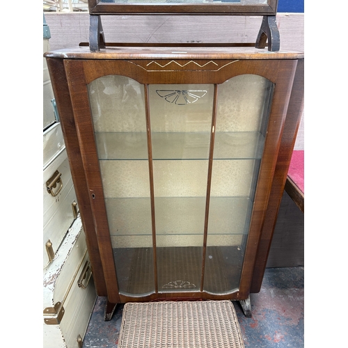 356 - Three items, one walnut display cabinet, one mahogany framed tapestry fire screen and one wicker pic... 