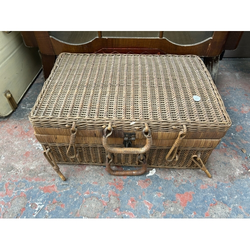 356 - Three items, one walnut display cabinet, one mahogany framed tapestry fire screen and one wicker pic... 