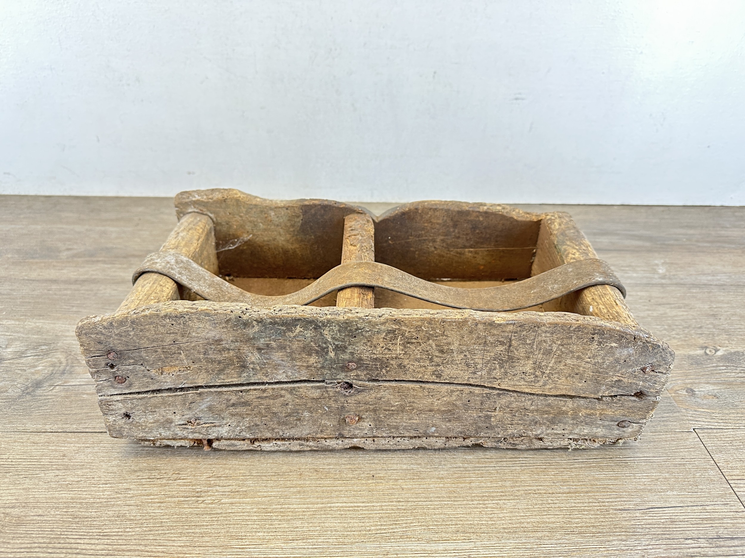 A 19th century rustic pine two section box with leather handle - approx ...