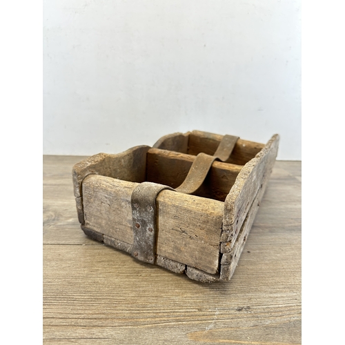 A 19th century rustic pine two section box with leather handle - approx ...