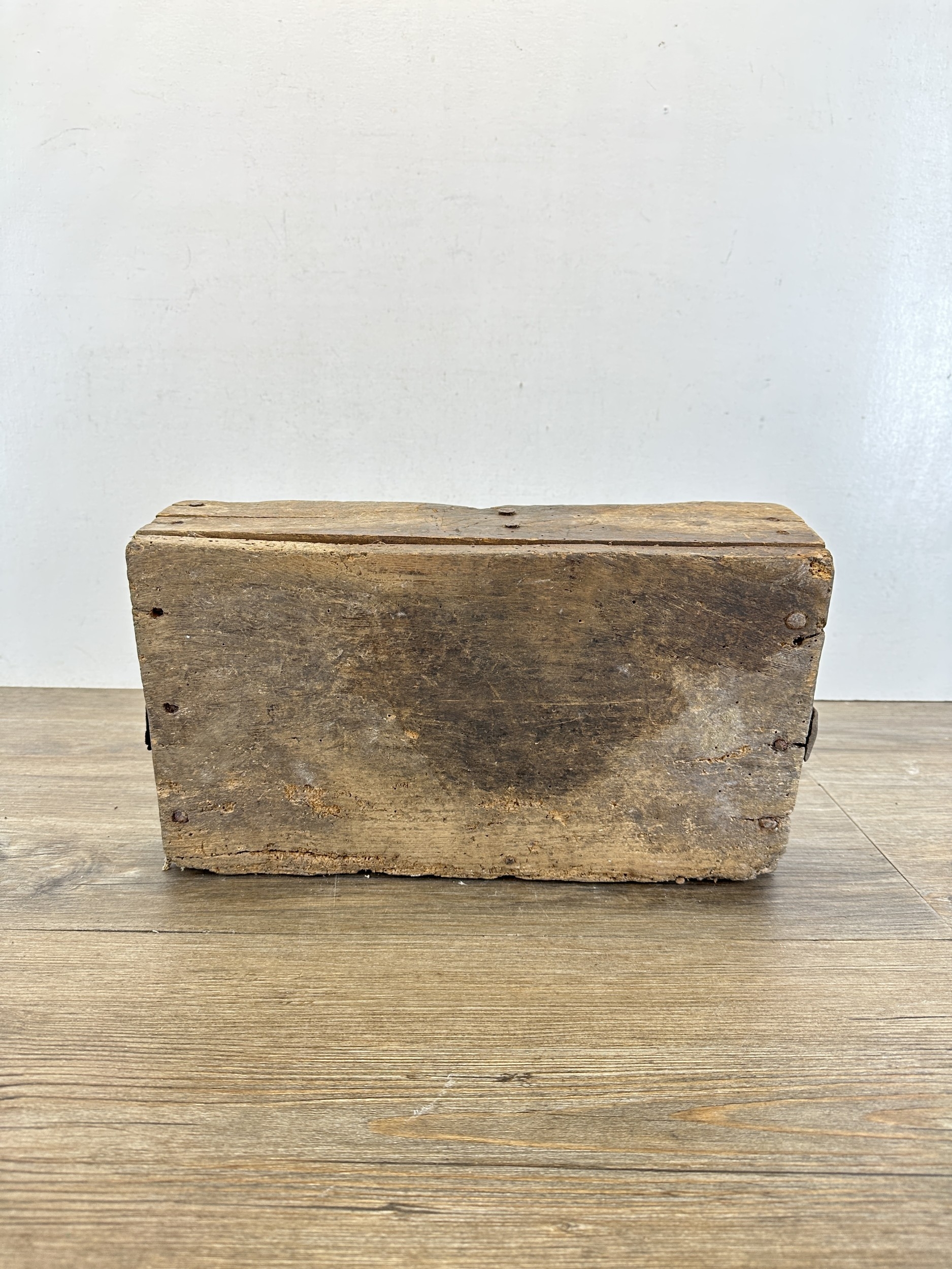 A 19th century rustic pine two section box with leather handle - approx ...