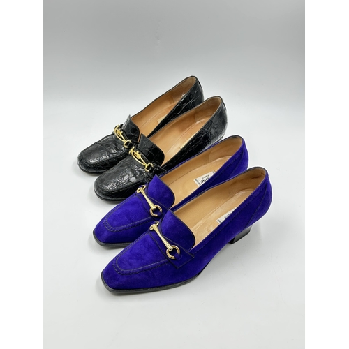 737 - Two pairs of Celine of Paris heeled shoes, one purple suede and one black crocodile skin effect leat... 