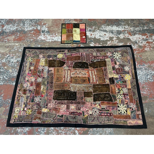 103 - Two Indian hand embroidered items, one pillow case - approx. 43cm square and one patchwork throw - a... 