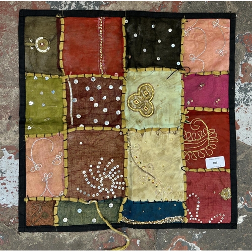 103 - Two Indian hand embroidered items, one pillow case - approx. 43cm square and one patchwork throw - a... 