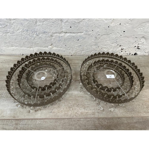 107 - A pair of Art Deco style metal ceiling lights with crystal droplets - approx. 30cm diameter