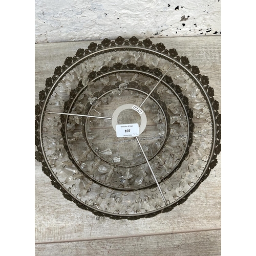107 - A pair of Art Deco style metal ceiling lights with crystal droplets - approx. 30cm diameter