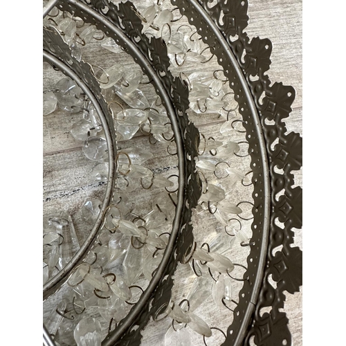 107 - A pair of Art Deco style metal ceiling lights with crystal droplets - approx. 30cm diameter