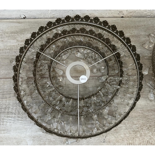 107 - A pair of Art Deco style metal ceiling lights with crystal droplets - approx. 30cm diameter
