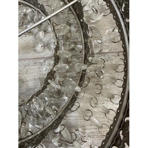 107 - A pair of Art Deco style metal ceiling lights with crystal droplets - approx. 30cm diameter