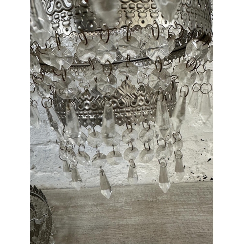 107 - A pair of Art Deco style metal ceiling lights with crystal droplets - approx. 30cm diameter
