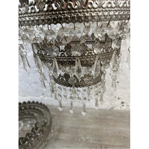 107 - A pair of Art Deco style metal ceiling lights with crystal droplets - approx. 30cm diameter