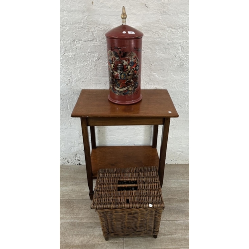 122 - Three items, one early 20th century mahogany two tier side table, one Victorian style transfer print... 