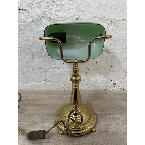 125 - A brass and green glass banker's desk lamp - approx. 39cm high