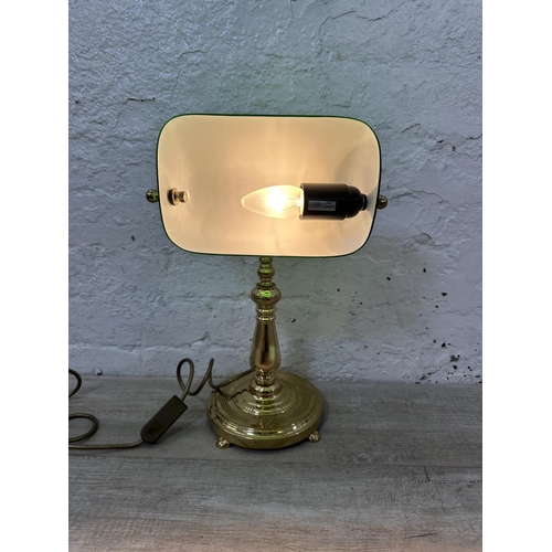 125 - A brass and green glass banker's desk lamp - approx. 39cm high