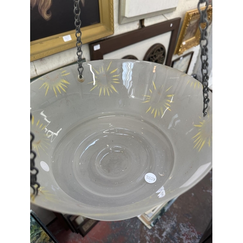 15 - A mid 20th century Art Deco style glass flycatcher pendant light shade - approx. 60cm drop