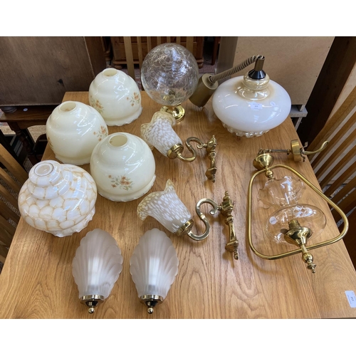 153 - Eleven pieces of lighting to include Art Deco style glass and brass effect shell shaped wall lights,... 