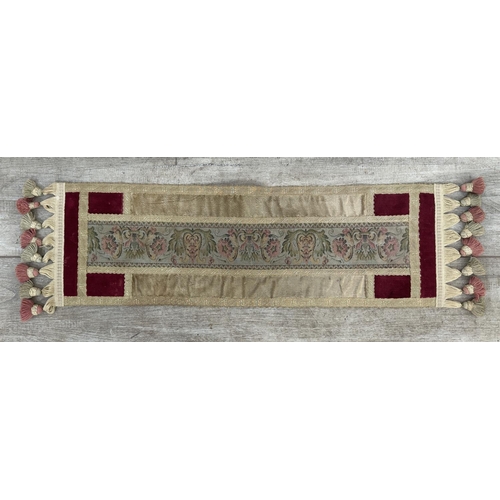 166 - A silk embroidered and velvet tasselled table runner - approx. 83cm x 22cm