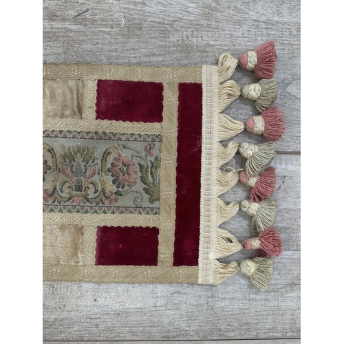 166 - A silk embroidered and velvet tasselled table runner - approx. 83cm x 22cm