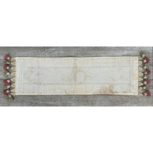 166 - A silk embroidered and velvet tasselled table runner - approx. 83cm x 22cm