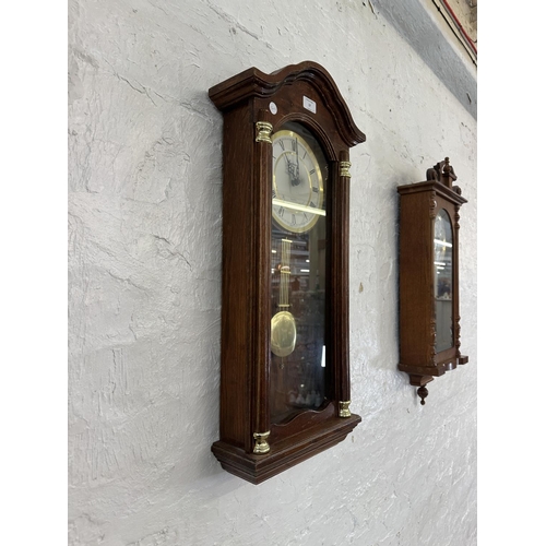 17 - Three wall clocks, one early 20th century mahogany cased chiming with key and pendulum, one Emperor ... 