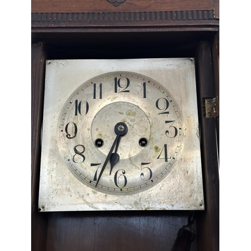 17 - Three wall clocks, one early 20th century mahogany cased chiming with key and pendulum, one Emperor ... 