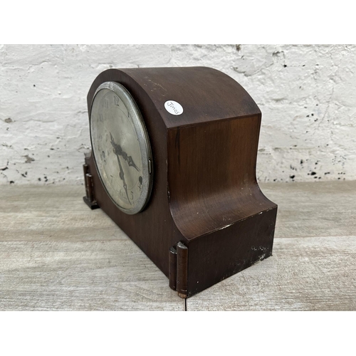 35 - Three mantel clocks, one mid 20th century walnut cased chiming with pendulum, one 1930s walnut cased... 