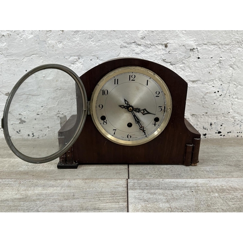 35 - Three mantel clocks, one mid 20th century walnut cased chiming with pendulum, one 1930s walnut cased... 