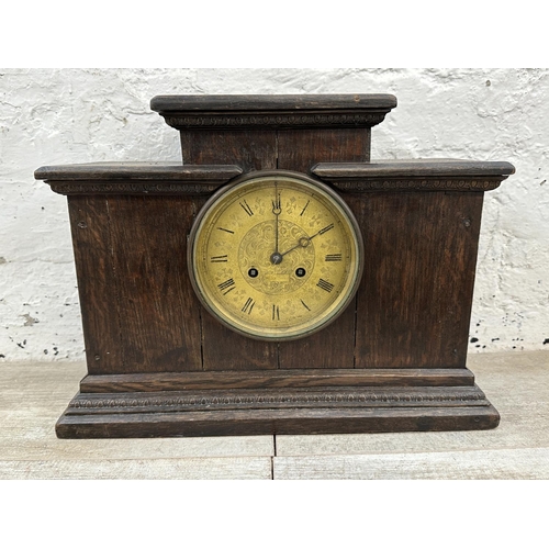 35 - Three mantel clocks, one mid 20th century walnut cased chiming with pendulum, one 1930s walnut cased... 