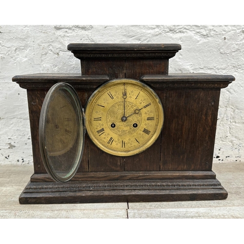 35 - Three mantel clocks, one mid 20th century walnut cased chiming with pendulum, one 1930s walnut cased... 