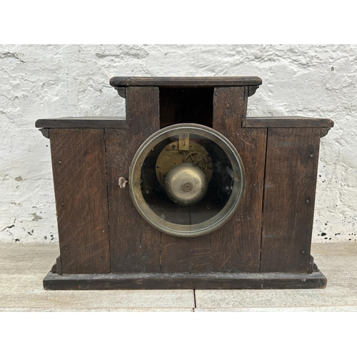 35 - Three mantel clocks, one mid 20th century walnut cased chiming with pendulum, one 1930s walnut cased... 