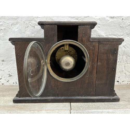 35 - Three mantel clocks, one mid 20th century walnut cased chiming with pendulum, one 1930s walnut cased... 